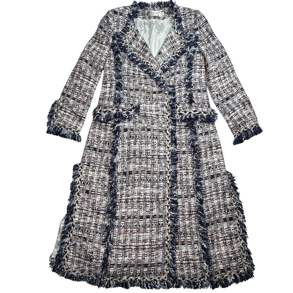Angles & Castle Tweed‎ Long Coat S Fringe Trim Pearl Buttons Lined Plaid Jacket